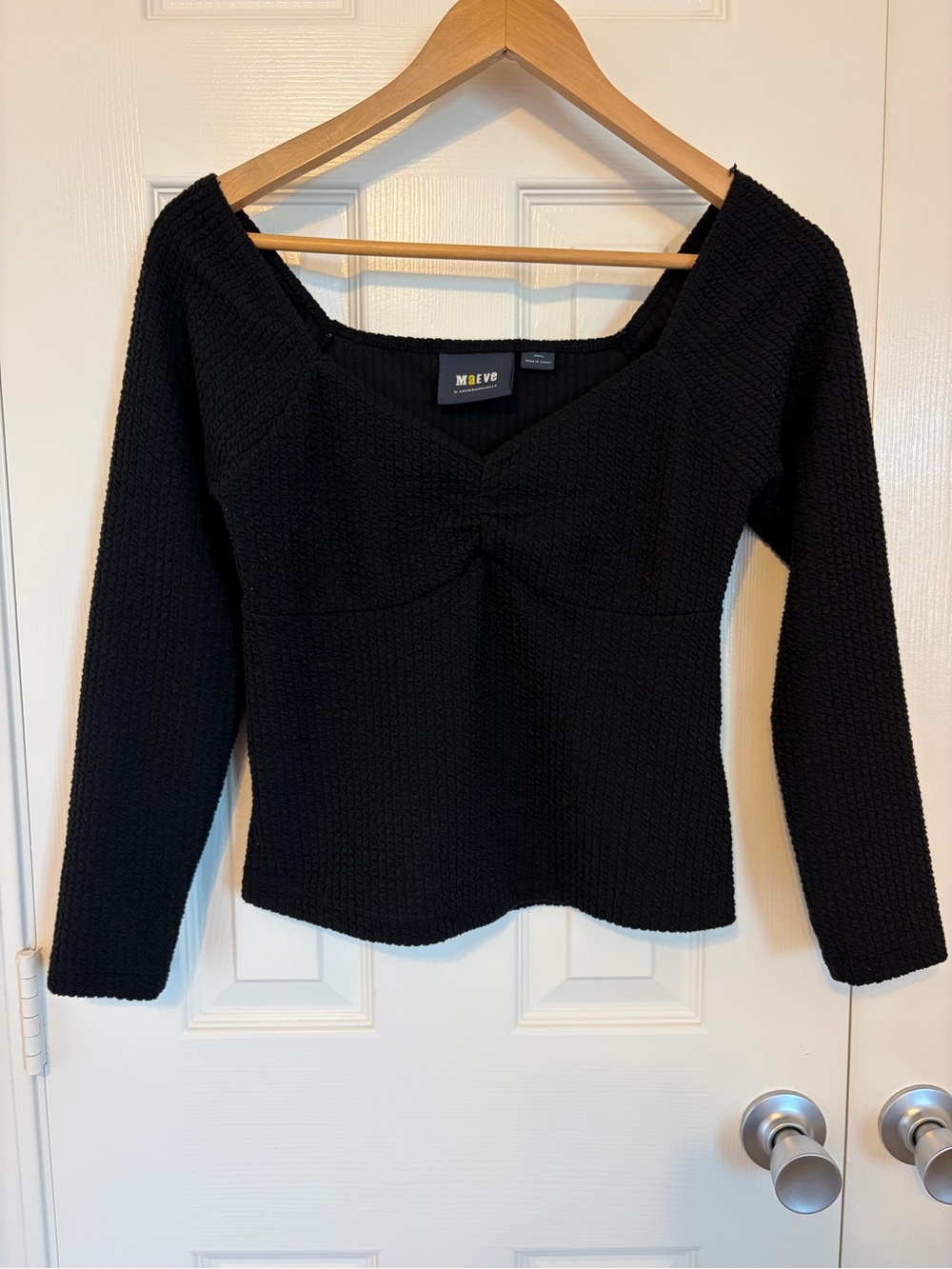 Maeve by Anthropologie Textured Sweetheart Top Women's Size S Black Long Sleeve